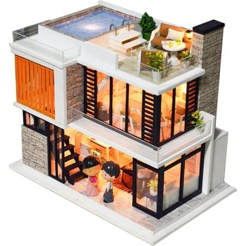 DIY Chinese Wooden Dollhouse Miniature With Furniture Leisure Holiday Cottage Doll Houses Assemble Toys Children Christmas Gift