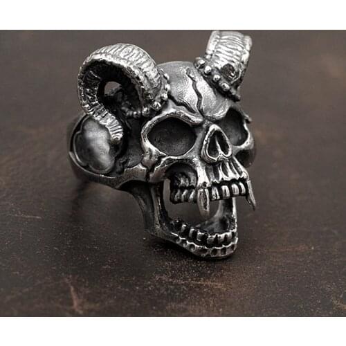 Gothic Satan Skull Ring For Men Retro Demon Stainless Steel Biker Goat Horn Skull Ring Cool Men Boy Jewelry Gifts Wholesale