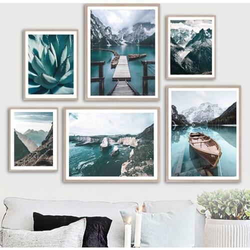 Boat Dock Scenic Mountain Lake Succulents Wall Art Canvas Painting Nordic Posters And Prints Wall Pictures For Living Room Decor