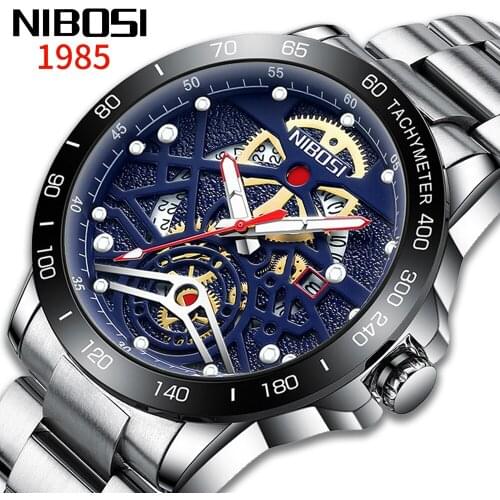 NIBOSI Mens Watches Stainless Steel Waterproof Auto-Date Quartz Watch Men Fashion Sport Skeleton Men Watch Relogio Masculino