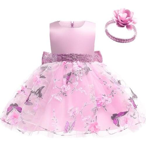 2021 New Autumn Butterfly Print Mesh Little Girl Wedding Dresses For Girls Princess Dress Send Three-dimensional Flower Headband