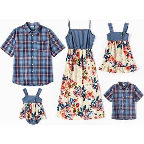 PatPat Mosaic Denim Sitiching Floral Print Family Matching Sets