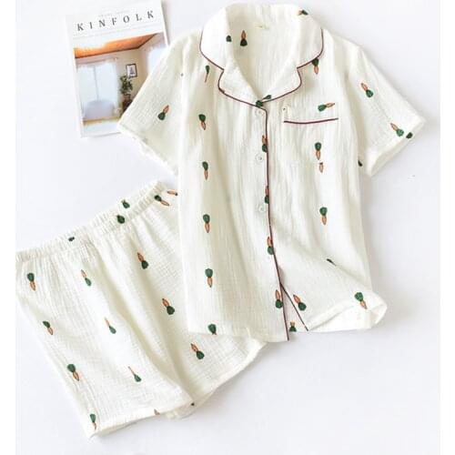 Pyjamas Cute Pijama Sets Cotton Button Top+Pants Pijama 2021 Summer Women Pajamas Sets with Pants Short Sleeve Turn-Down Collar