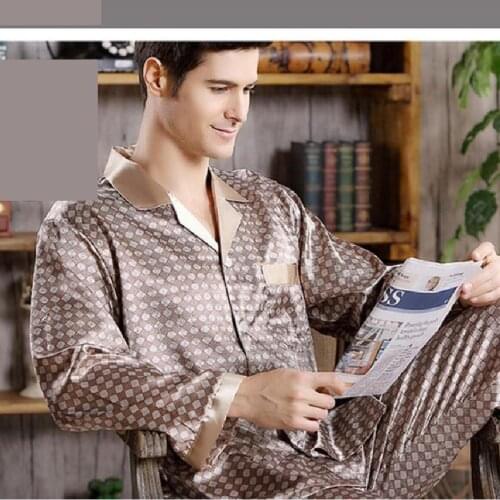 Luxury Silky Satin Pajamas Set Men Printing Spring Autumn Pyjamas Sleepwear Male Fashion Casual Long-sleeved Trousers Homewear