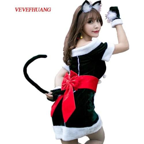 VEVEFHUANG Adult Christmas Santa Claus Costume Suit Plush Fancy Clothes Cosplay Props Sexy dark green cat girl Halloween Party
