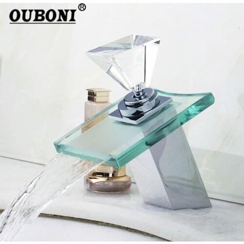 RU Bathroom Waterfall Glass Brass Basin Sink Faucet Tap Deck Mount Diamond Handle Chrome Faucets Mixers Taps