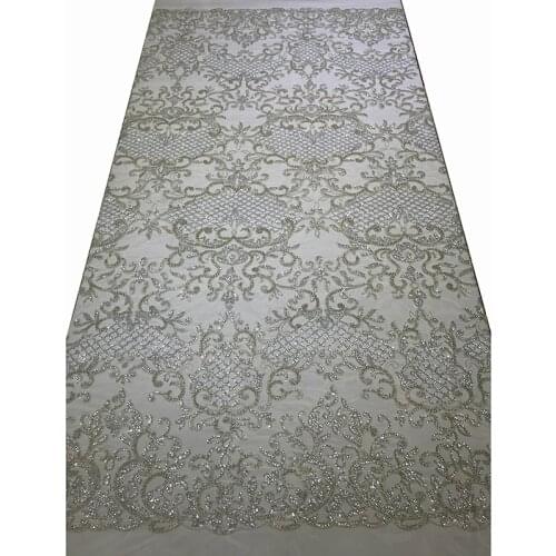 Bridal Vintage Luxury Quality Silver Heavy Beaded Lace Fabric Embroidery for Wedding Party Dress DIY Sewing Material Tulle Mesh