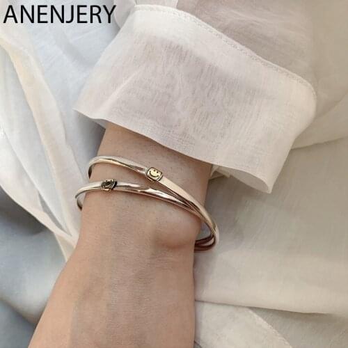 ANENJERY 925 Sterling Silver Smiling Face Thai Silver Bangle for Women Men Funny Bracelet Bangle Jewelry Gifts S-B447