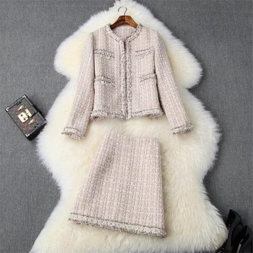 2021 Autumn Winter New Women Luxury Pearls Beading Tweed Woolen Jacket Coat + Skirt 2 Piece Outfits Brand Party Office Suits