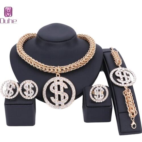 US Dollar Money Necklace Pendant Bracelet Earring Ring Jewelry Sets Gold Color Chain For Women Rhinestone Party Bling Jewellery