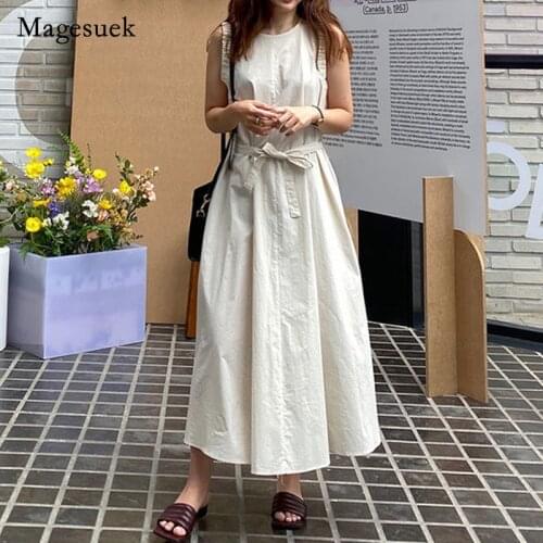Korea Spring and Summer Women Dress Solid Cotton O-Neck Sleeveless Dress for Women Casual Simple Loose Long Dress Vestido 14053