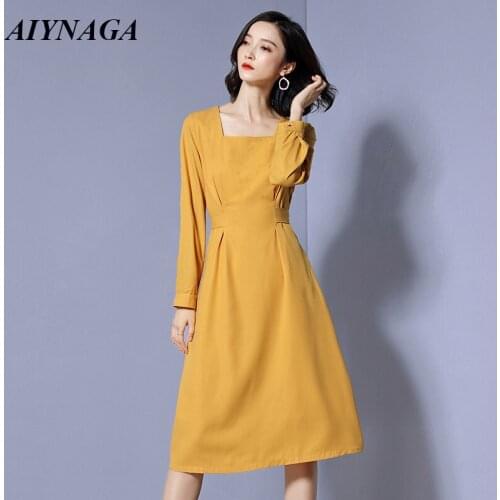 2019 Spring Women Dress Elegant OL Long Sleeve Dress Female Office Lady Medium Long Dresses With Sashes Solid Color Yellow Pink