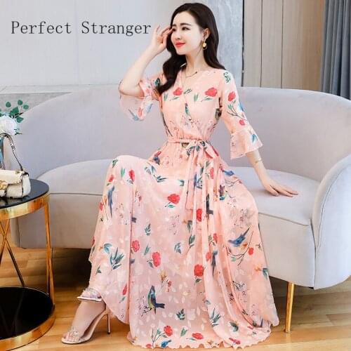 2021 Summer New Arrival Women Dresses S-3XL V Collar Floral Girl Chiffon Long Dress High Quality Elegant Clothes