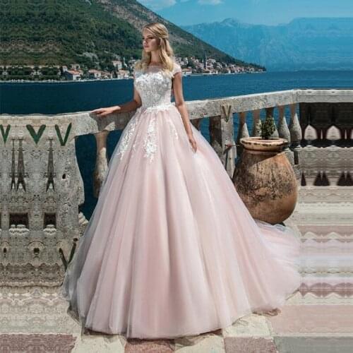 Pink Wedding Dress 2020 Cap Sleeve Vestido De Noiva Appliques Lace Backless Back Button Dresses Floor Length Wedding Gown