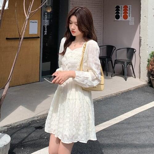 Hebe&Eos Spring Autumn Elegant Vintage French Dress Long Sleeve V-neck Patchwork White Short Dress Party Mini Casual Dresses