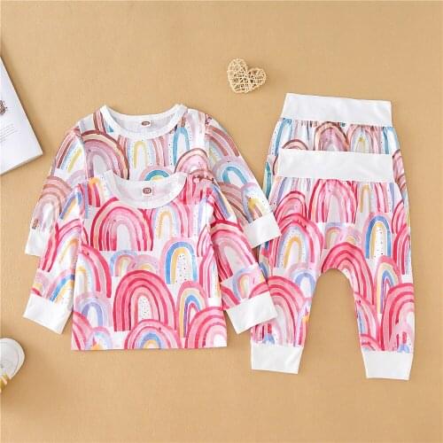 2Pcs Newborn Baby Girls Color Block Outfits Infant Rainbow Print Long Sleeve Round Neck Pullover + Trousers Spring Autumn Outfit