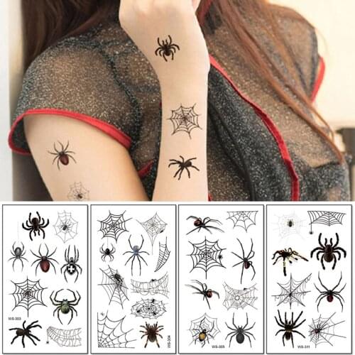 3D Spiders Waterproof Tattoo Stickers Halloween Horror Spider Web Fake Tattoo Water Transfer Temporary Tattoos Arm Body Art Tool