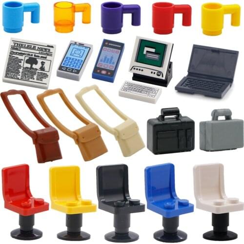 MOC Parts Friends Figure Accessories Blocks Desk Chair Office Phone Computer Cup Laptop Model Building Bricks Kids Toys For Gift
