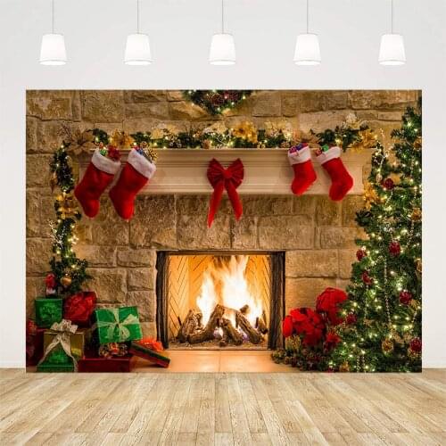 Avezano Winter Christmas Tree Backdrop Fireplace Santas socks Red bow Party Gifts Photography Background For Photo Studio