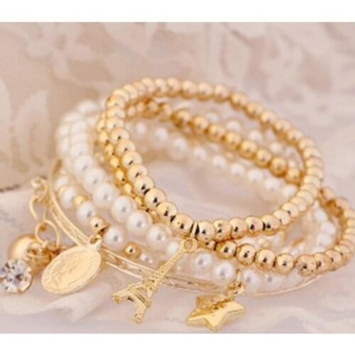 NEW Charm Women Multi-layer Pearl Bracelets Pyramid Pearl Vintage Elastic Bracelet Female Party Jewelry Accessories