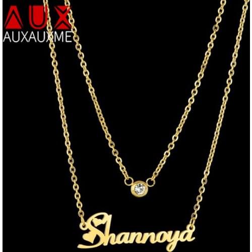 Auxauxme Custom Double Layer Birthstone Name Necklace Stainless Steel Personalized Nameplate Date Pendant Choker Jewelry Gifts