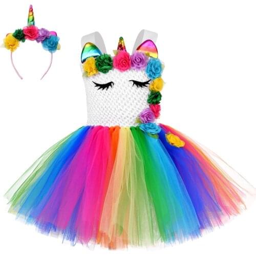 Halloween Cosplay Unicorn Costume Rainbow Flowers Unicorn Dress for Girls Birthday Party Gift Baby Girl Princess Tutu Dress Kids