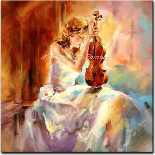 Mintura Hand Painted Canvas Oil Paintings Wall Art Picture Home Decoration Living Room The Girl Play The Violin On Canvas Single