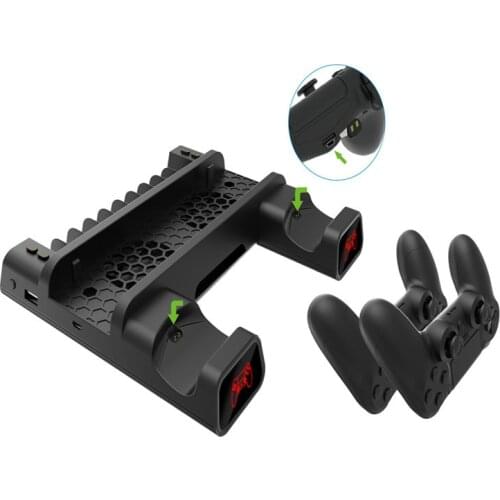 PS4/SLIM/PRO multi-function cooling fan base + storage disc rack + handle dual charging base with LED light