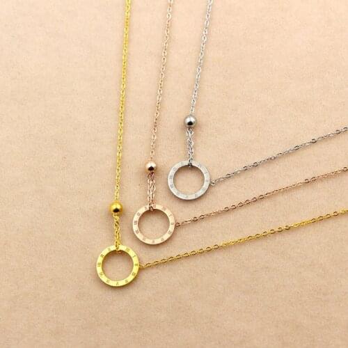 Fashion Stainless Steel Rose Gold Color Love Roman Numerals Crystal Circle Bead Pendant Necklace Women Gift