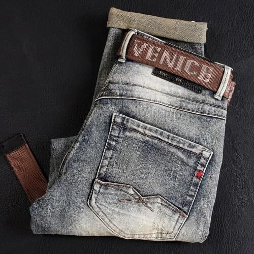 Street Style Fashion Men Jeans High Quality Retro Distressed Elastic Slim Fit Ripped Jeans Men Embroidery Designer Denim Pants