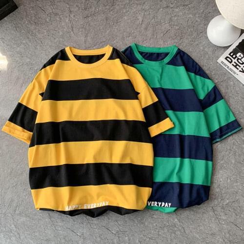 Mens Short Sleeve Stripe Summer T-Shirt Large Size Loose Trend New Fashion Top Listing Couples Movement Breathable