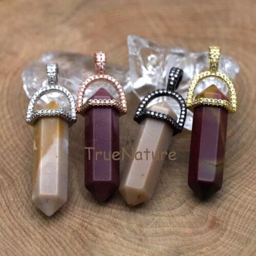 Wholesale Double Terminated Mookaite Point Pendant Mookaite Charm Jewelry Findings With CZ Paved Cap In 45*10 mm PM7394