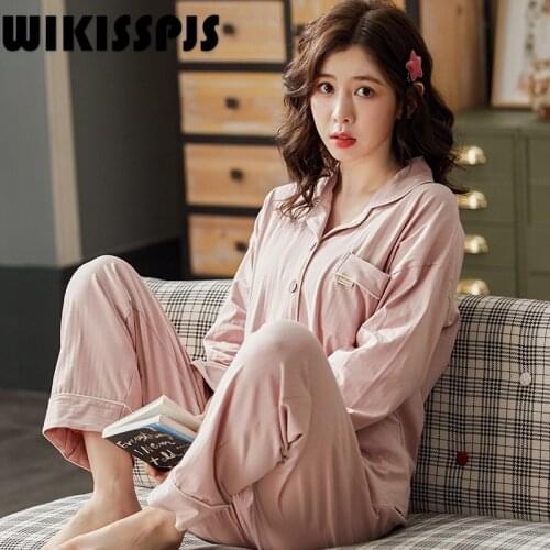 WIKISSPJS Pajamas Womens Cotton Long Sleeve Lapel Cardigan Sleepwear Lounge Wear Pajamas for Teen Girls Pj Sets for Women