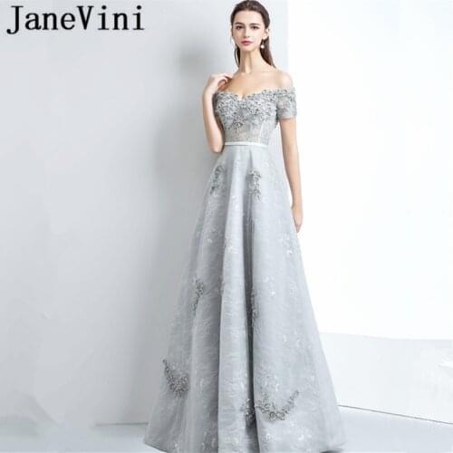 JaneVini Light Gray Long Bridesmaid Dresses 2018 A Line Lace Appliques Beaded Maid Of Honor Dresses Floor Length Abito Damigella