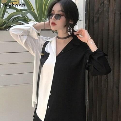 Shirts Women Spliced Notched Collar BF Office Shirt Womens Panelled Loose Chic Fashion Tops Streetwear Ladies Stylish All-match