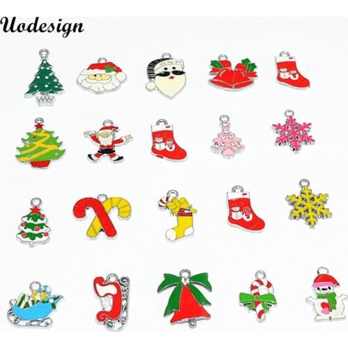 Uodesign Mix 10Pcs Christmas Santa Claus Bell Trees Snowman Silver-tone Unique Enamel Christmas Charms Pendants