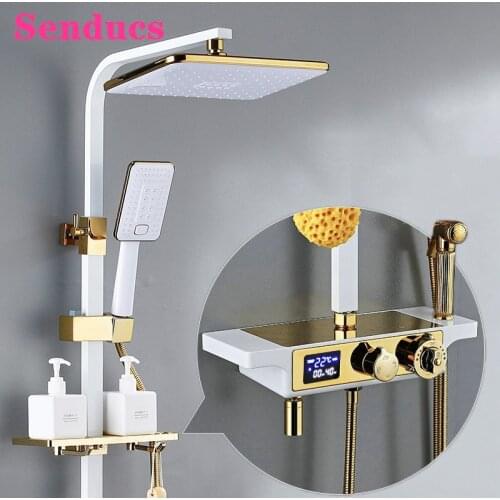 Bathroom Shower System Senducs White Gold Thermostatic Bath Shower Set Quality Brass Bathtub Faucets Digital Shower Mixer Sets