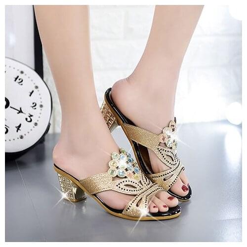 Famous European Birds Summer New Women High Heels Sandals Mid-high Heels Open Toe Thick Heel Sandals Women Rhinestone Word