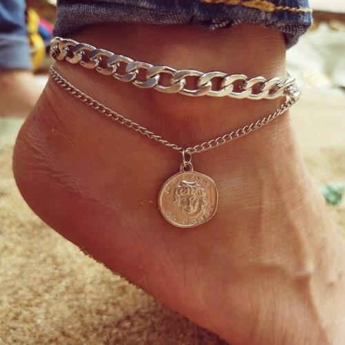 Vintage Bohemian Metal Anklet for Womens Twist Thick Chain Coin Beads Anklet Bracelet on Leg Beach Holiday Foot Jewelry