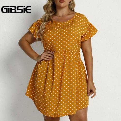 GIBSIE Flounce Sleeve O-Neck Polka Dot Dress Summer High Waist Casual Mini Dresses 3xl 4xl Plus Size Women Holiday Boho Dress