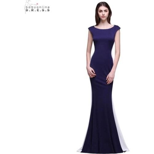 24 Hours Shipping Elegant Mermaid Long Evening Dress Navy Blue White Evening Party Dress O-neck Robe De Soiree