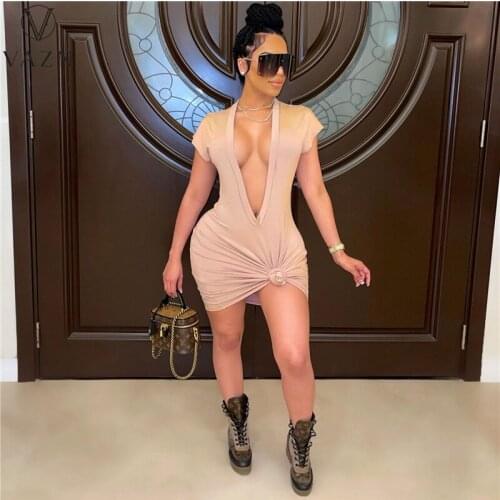 VAZN 2021 Night Shinny Dress Short Sleeve Deep V-neck Dresses For Evening Robe Casual Young Chiffon Slim Young Women Mini Dress