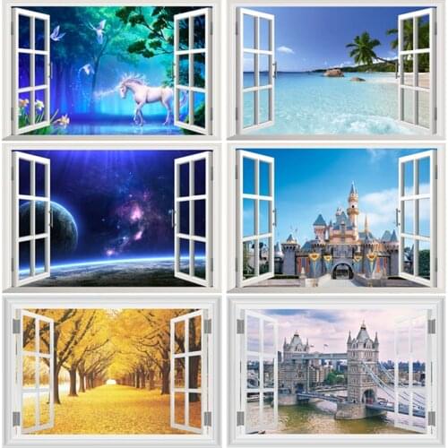3D Window Wall Stickers For Living-room Bedroom Study Room Home Decor Scenery Sea Hill Animal Forest Space Pvc Mural Art Decals