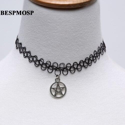 Bespmosp 24PCS/Lot Wholesale Vintage Supernatural Pentagram Pentacle Pendant Necklaces Stretch Elastic Collar Choker Women Gift