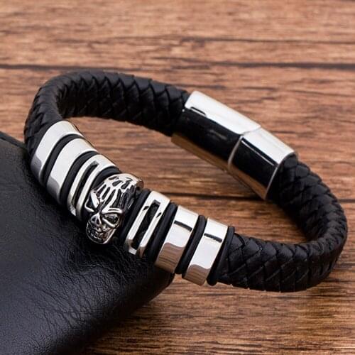 Stainless Steel Magnetic Charm Black Genuine Leather Bracelet Men Rope Skull Braided Hand Accessories Jewelry Bangle Luxury