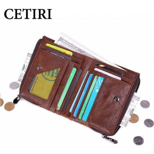 CETIRI men wallets soft genuine leather double zipper coin purse 3 color Black Brown Coffee Money bag slim Purse small wallet