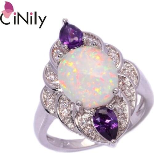 CiNily Created White Fire Opal Purple Zircon Cubic Zirconia Silver Plated Ring Wholesale for Women Jewelry Ring Size 5-12 OJ6149