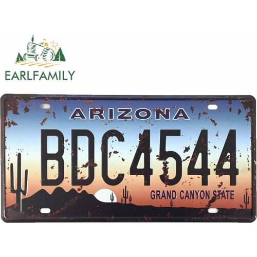 EARLFAMILY 13cm For ARIZONA Metal License Plate DIY Car Stickers Interesting Pattern Decal Car Accessories Decals Decoration