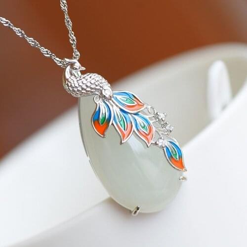 Enamel porcelain inlaid zircon natural Hetian jade oval peacock necklace pendant exquisite light luxury ladies silver jewelry