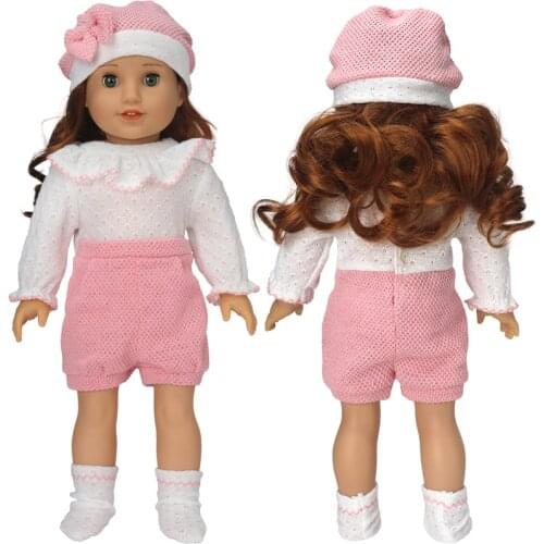 18" Girl Doll White Lace Collar Clothes Pink Short 43 Cm Baby Doll Clothes Rompers Hat Children Gifts